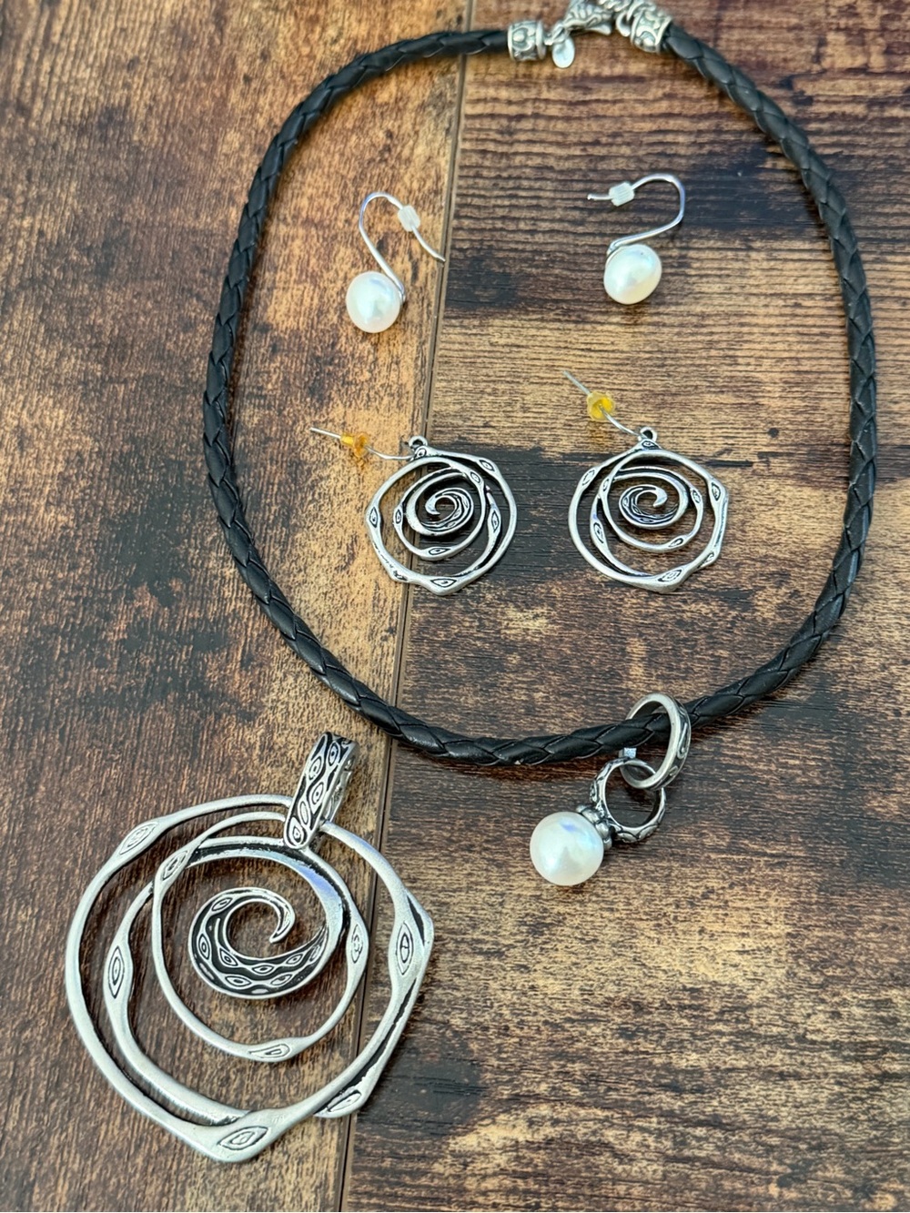 Silver Spiral Pendant Necklace and Earrings Set with Pearl Accents - Black Cord